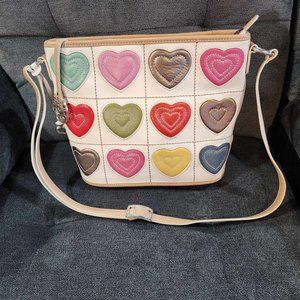 Brighton leather shoulder bag with multi colored hearts